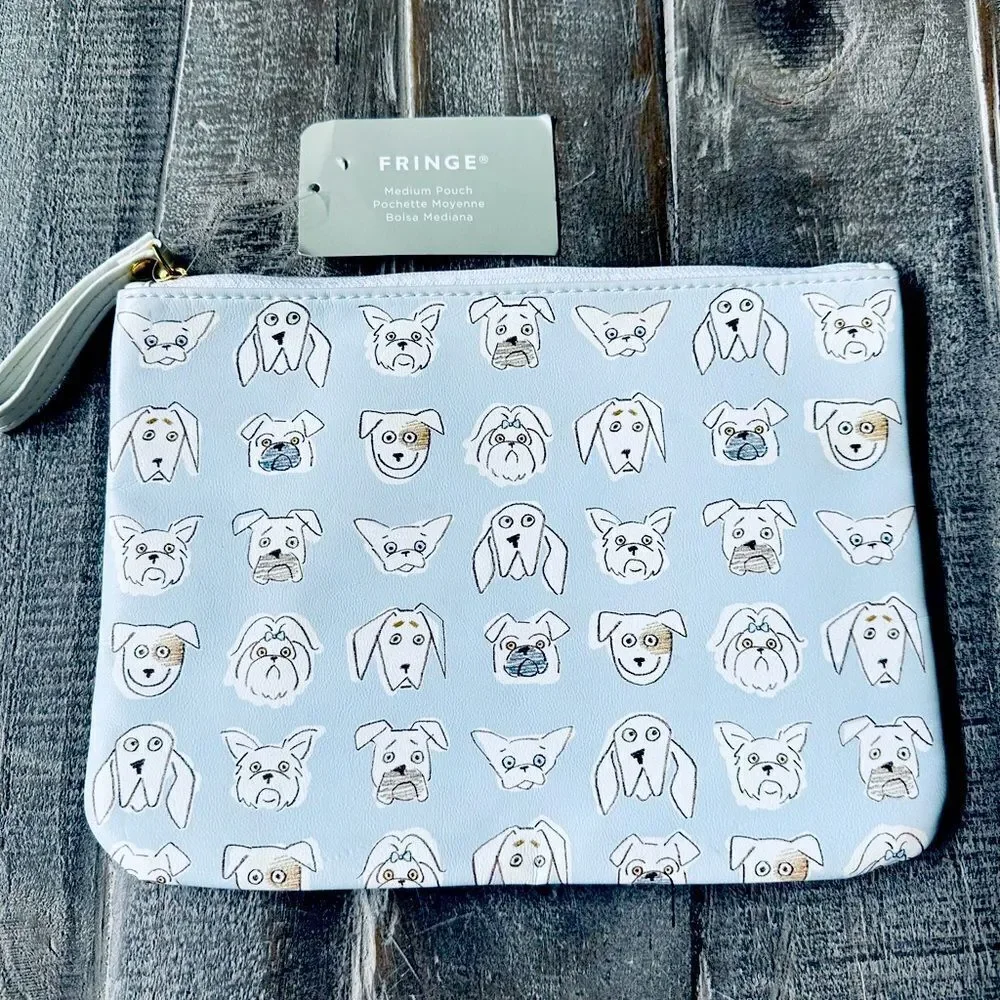 Fringe Blue Dog Faces Zipper Travel Makeup Bag Medium Pouch